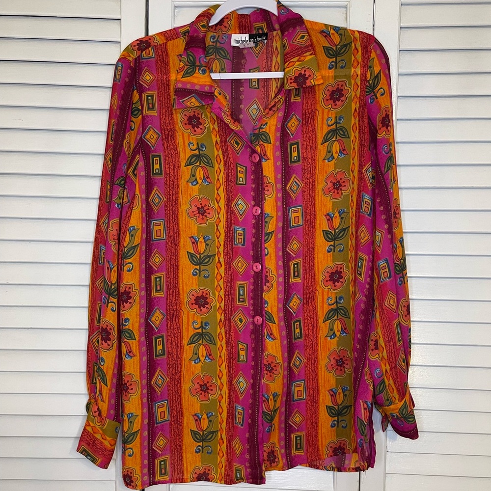Vintage Pink and Orange Floral Blouse